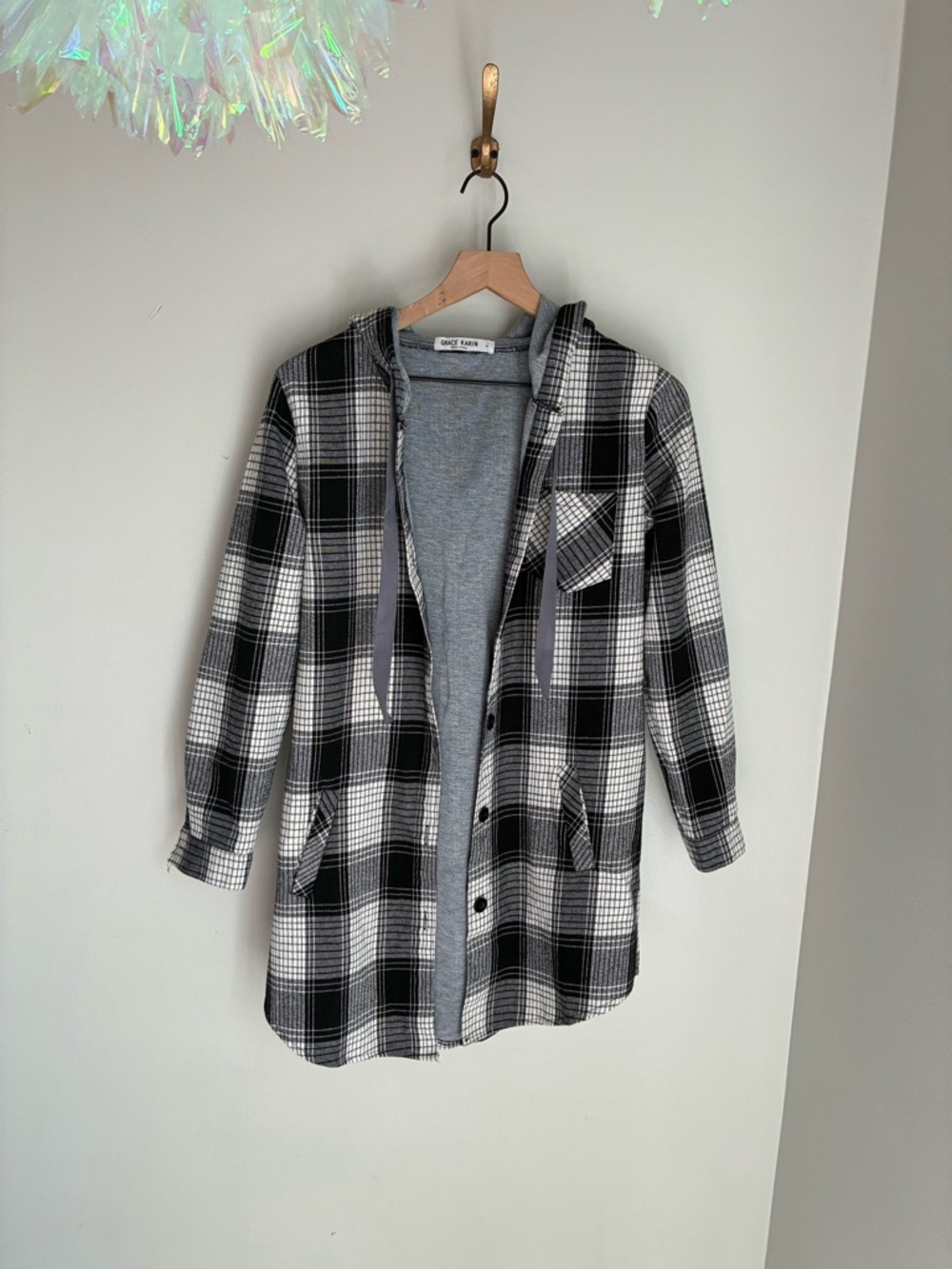 Grace Karin Grunge Black and White Plaid Long Hooded Top Jacket Size Medium‎